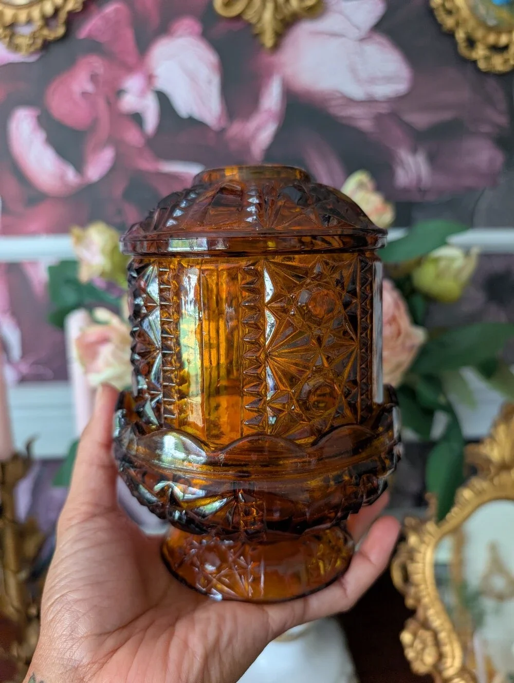 Vintage Indiana Glass Dark Amber Fairy Lamp, Stars and Bars, READ